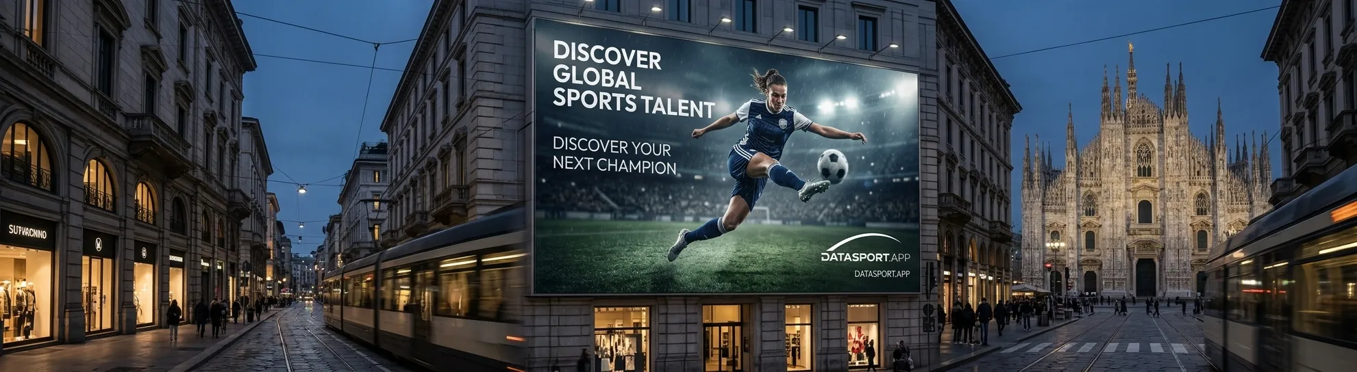 Concept: a DataSport billboard on a Milan-style street near the cathedral square.
