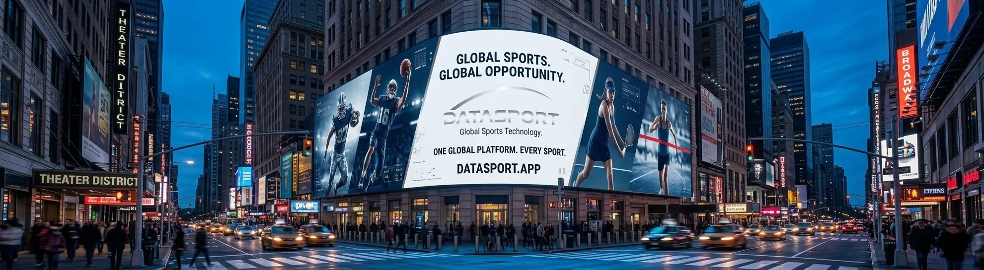 Concept: a DataSport digital billboard in a New York-style square at blue hour.