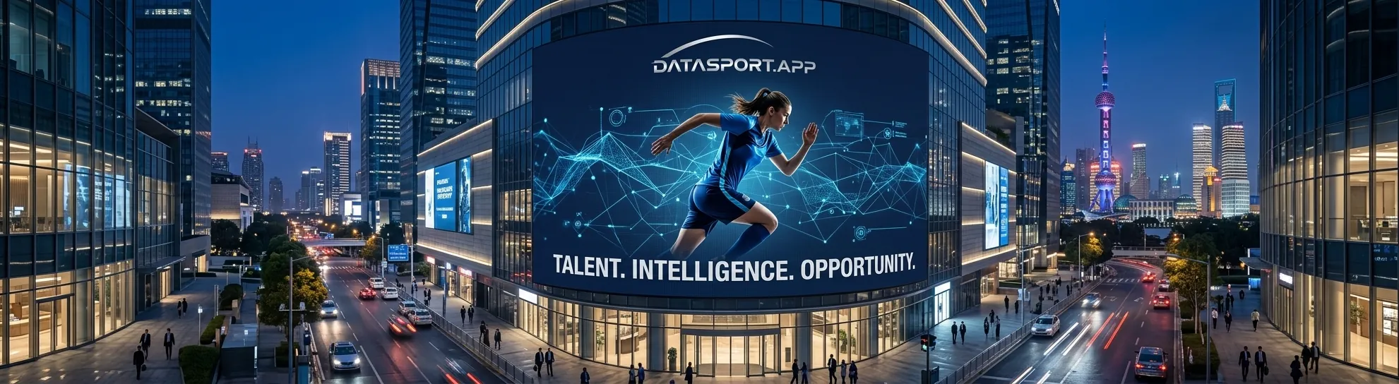 Concept: a curved DataSport display in a Shanghai-style business district at night.
