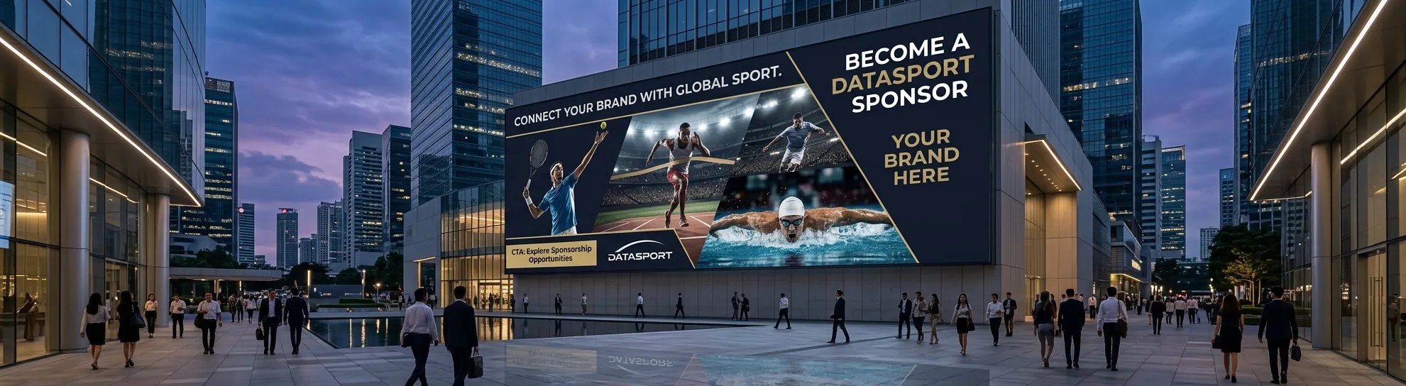 Concept: a sponsorship billboard in a Singapore-style business district at dusk.