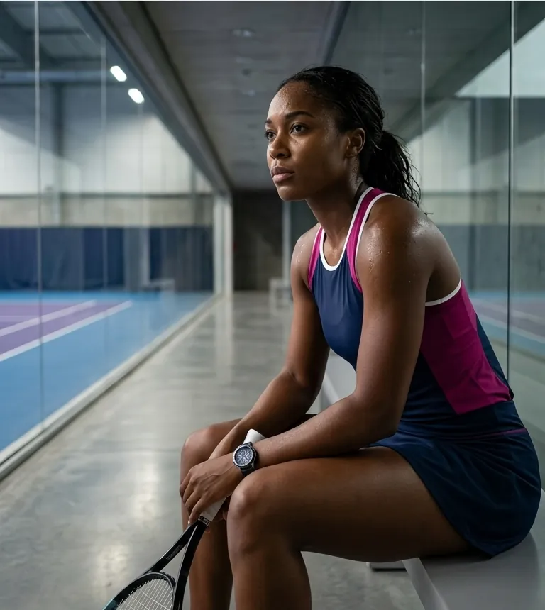 A woman tennis player rests between sessions in an indoor venue.