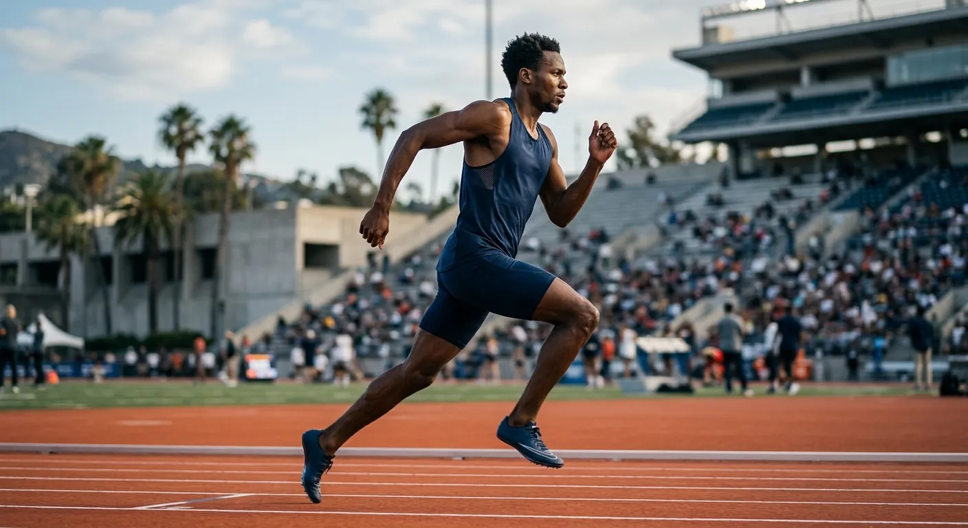 A sprinter at full speed in a stadium.