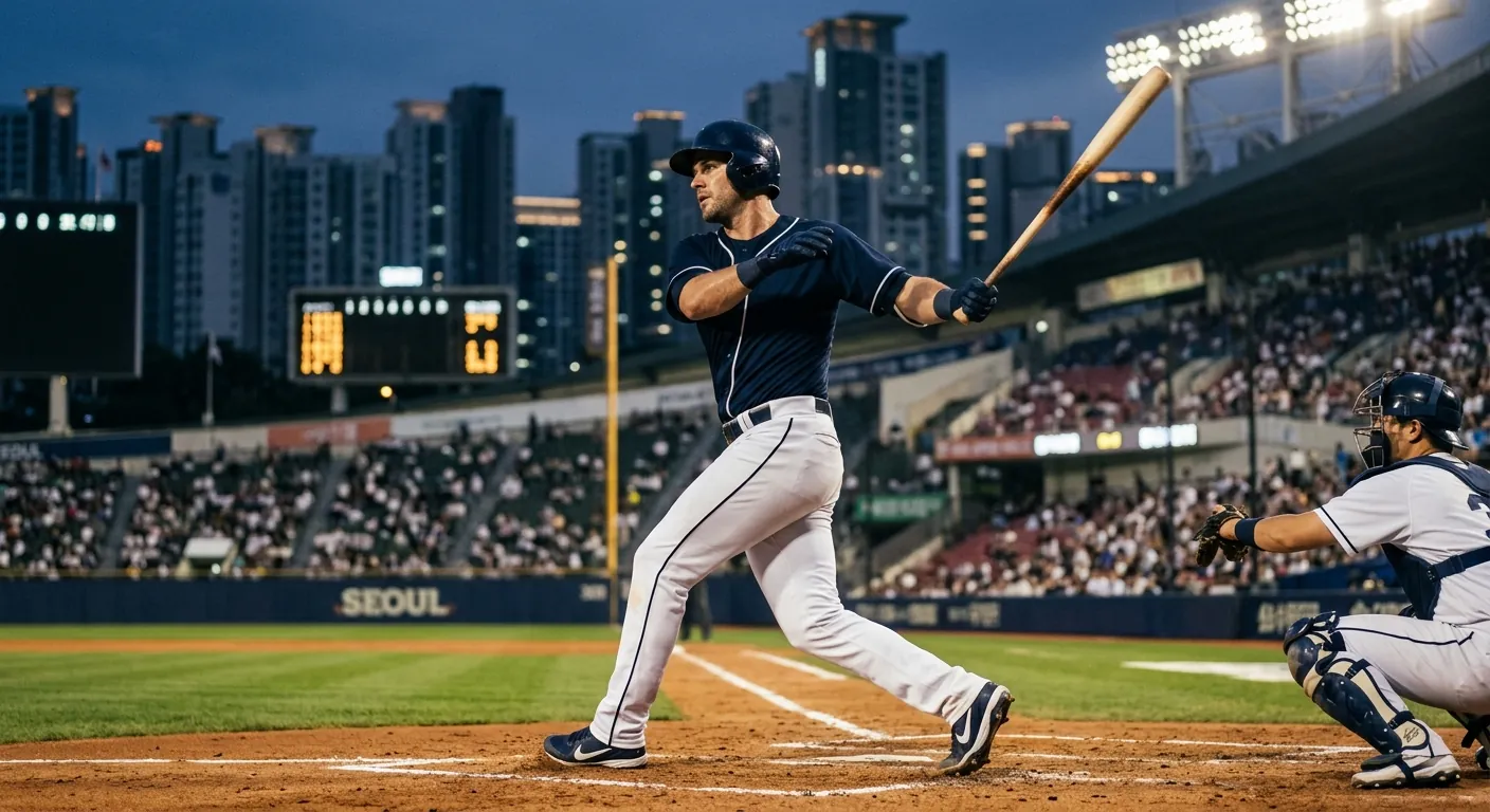 A batter swings at night in a city ballpark.