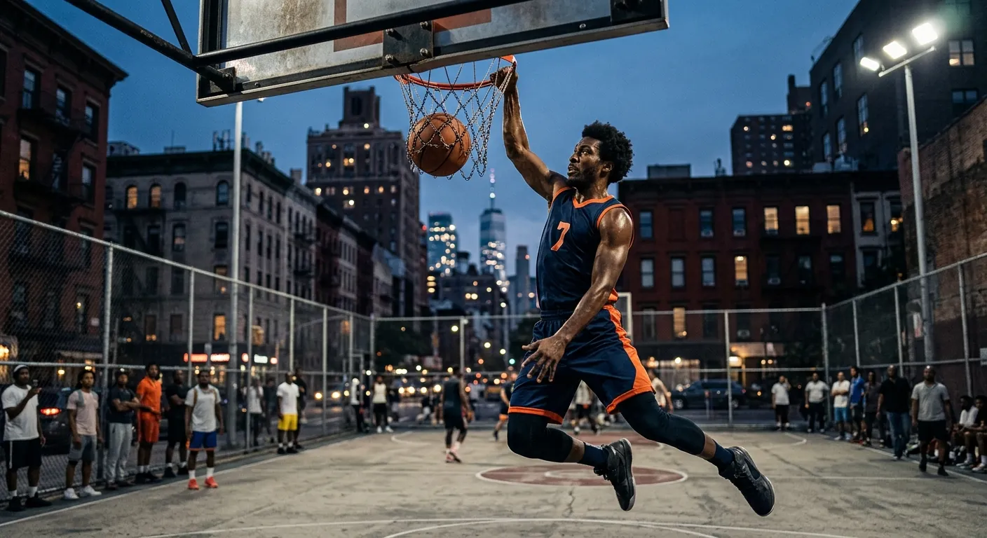 A basketball player dunks on an outdoor city court.