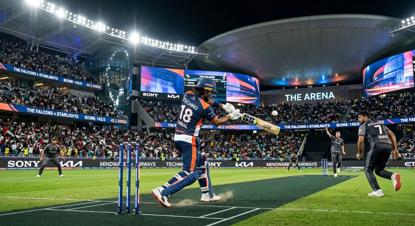 A batter drives under floodlights in a packed cricket stadium.