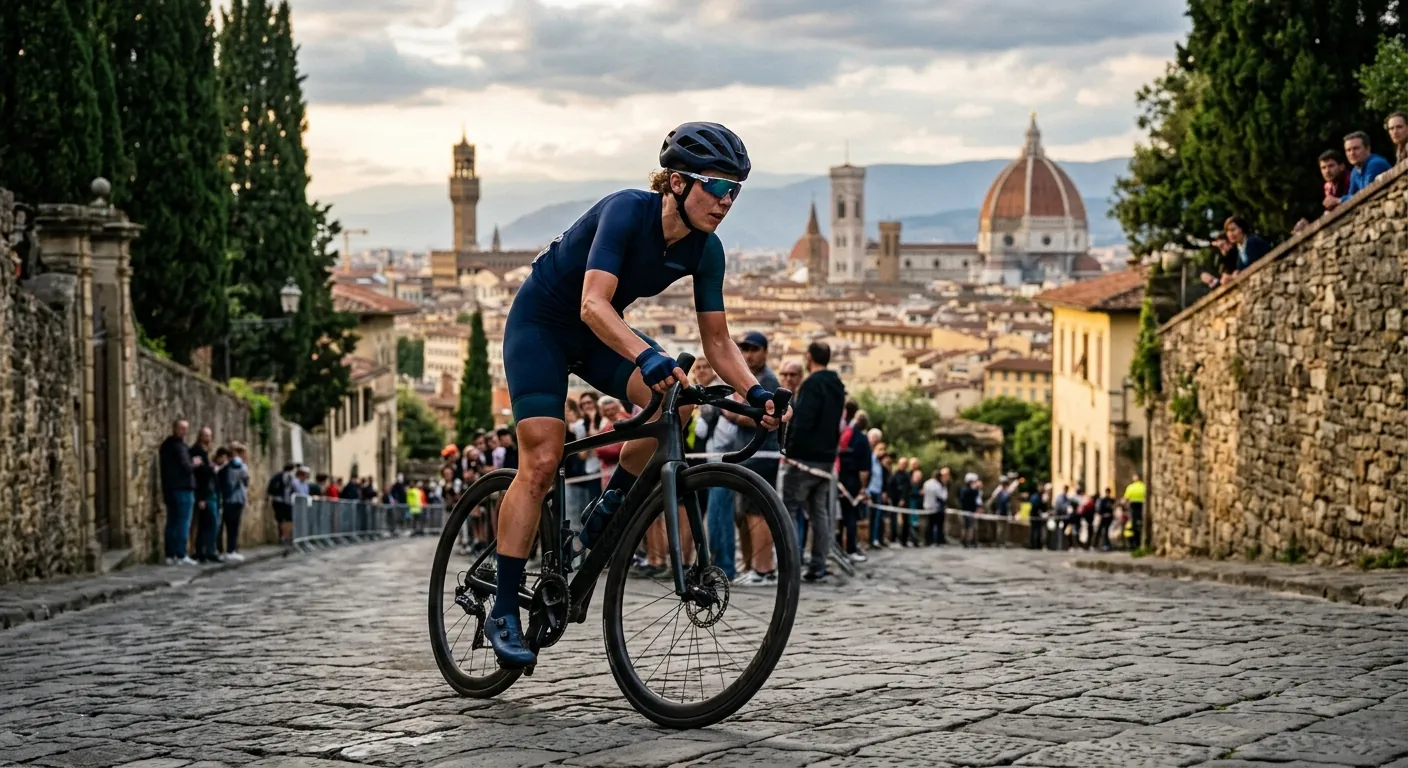 A road cyclist climbs a cobbled street above a historic city.