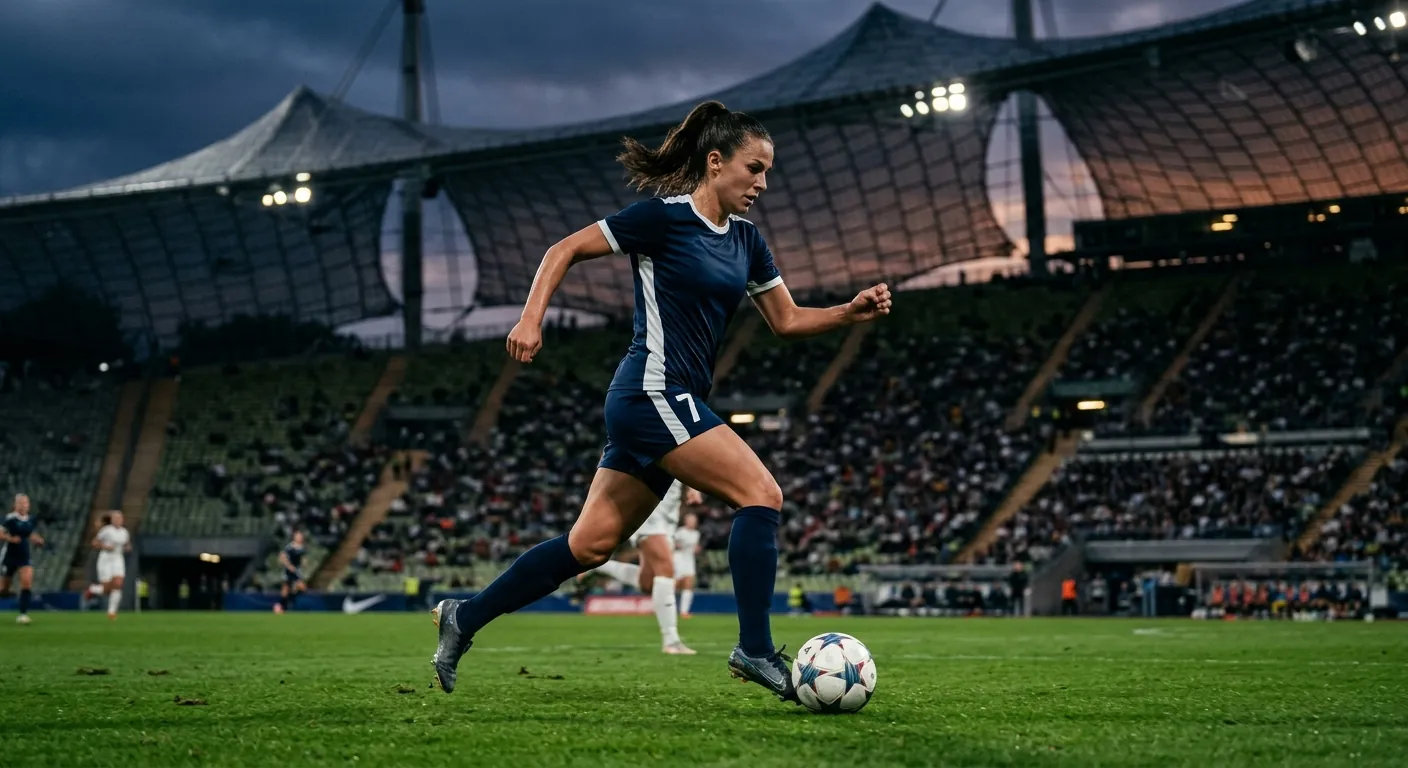 A woman footballer strikes the ball in a floodlit stadium.