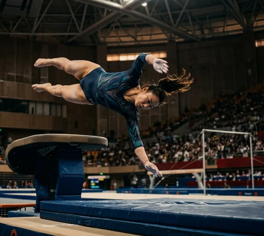 A gymnast in flight over the vault.