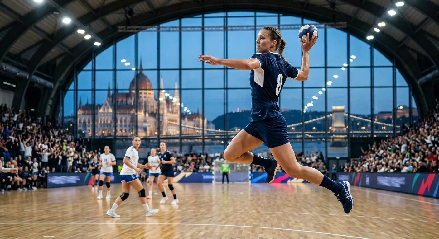A handball player leaps to shoot in a packed arena.