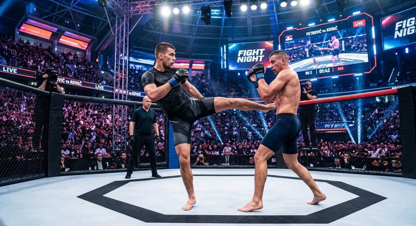 Two fighters exchange kicks in a cage at a packed arena.