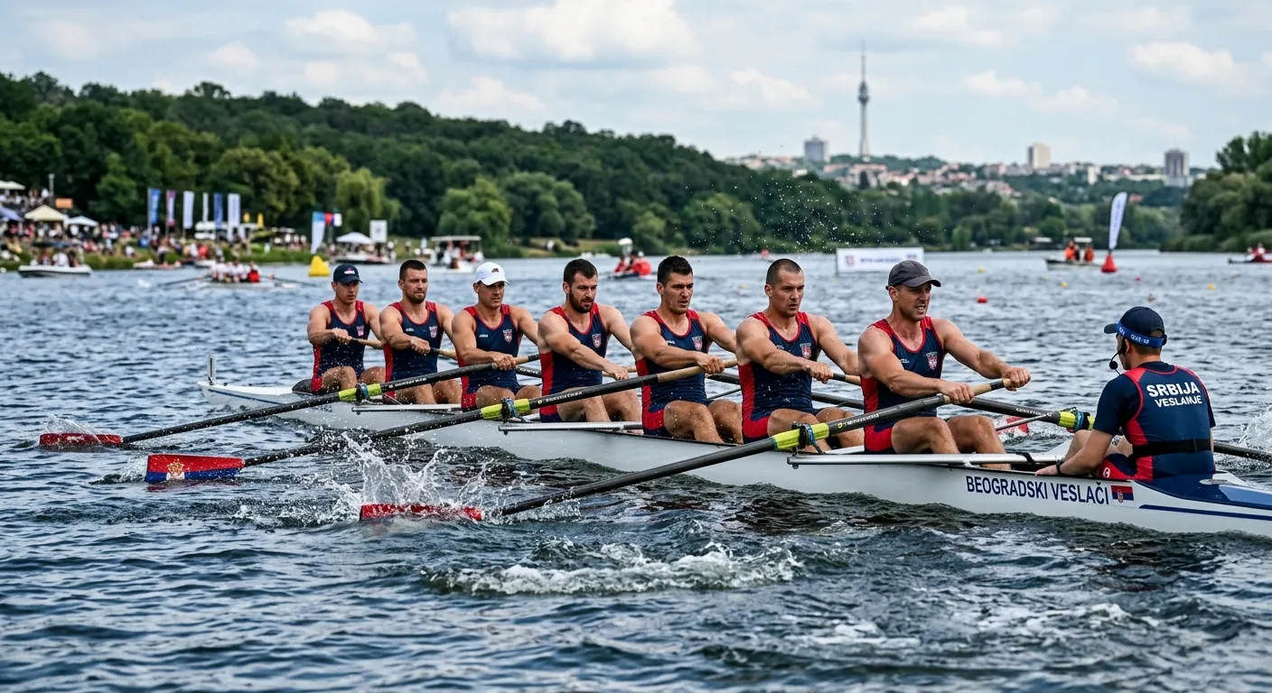 An eight drives through the water at a lakeside regatta.