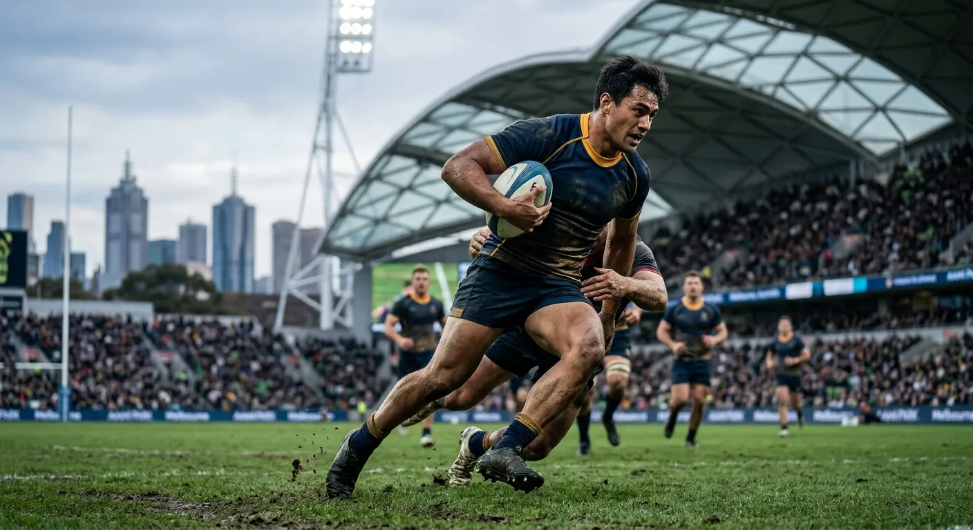 A rugby player carries the ball into contact.