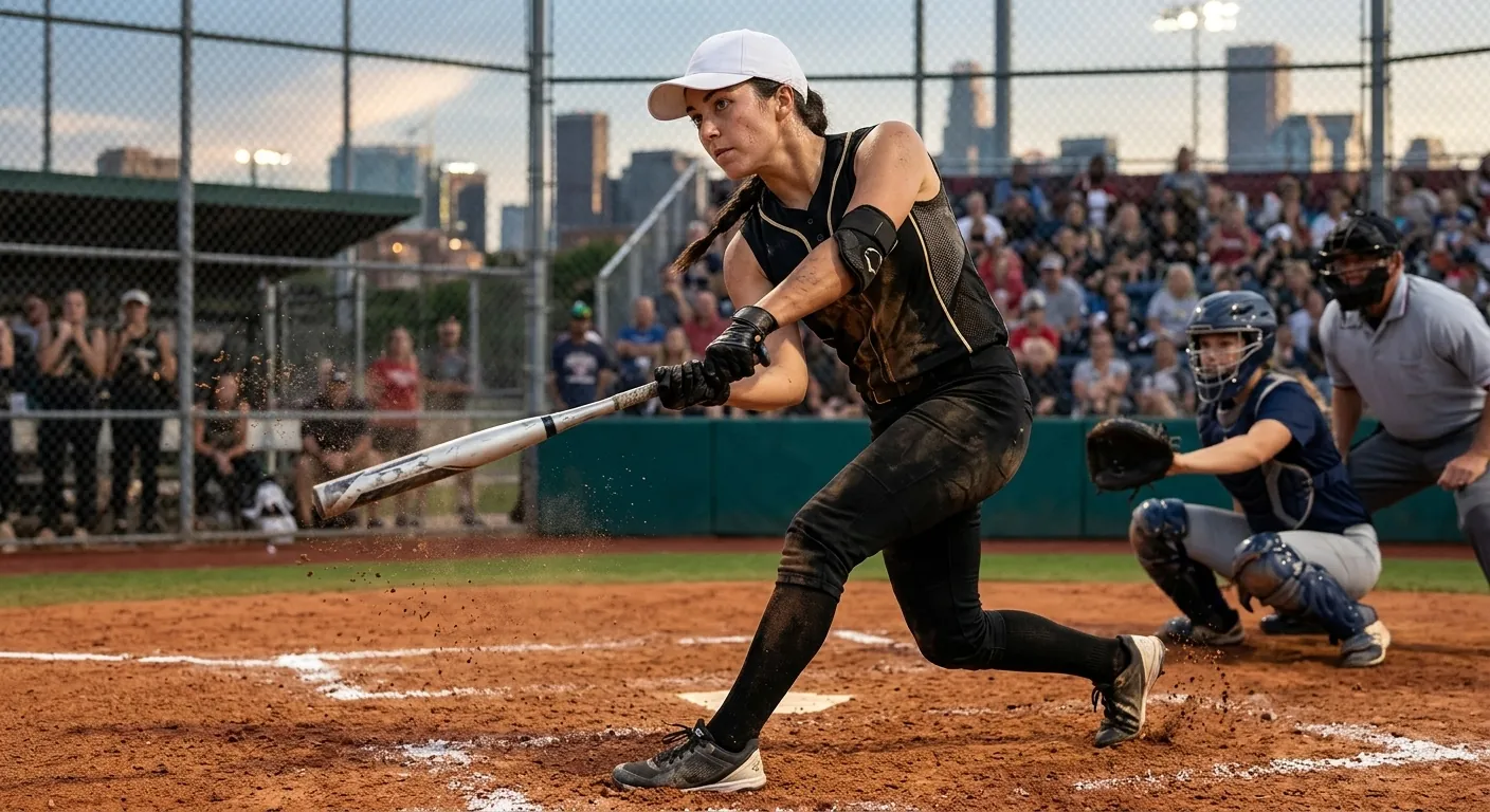 A softball batter swings at dusk in front of a packed stand.