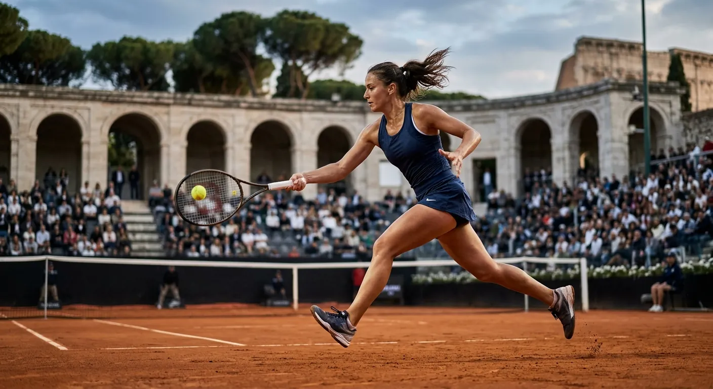A tennis player stretches for a forehand on clay.