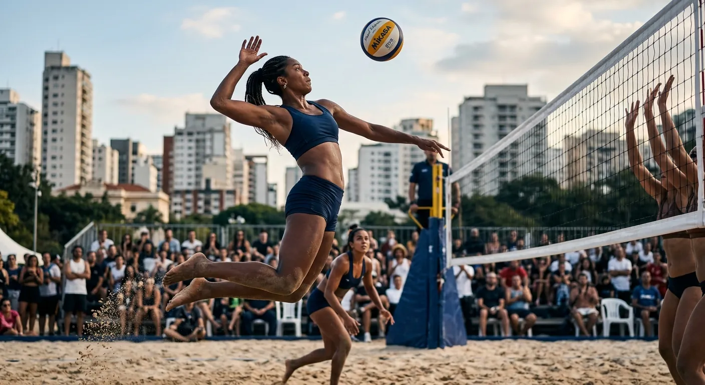 A beach volleyball player rises to spike.