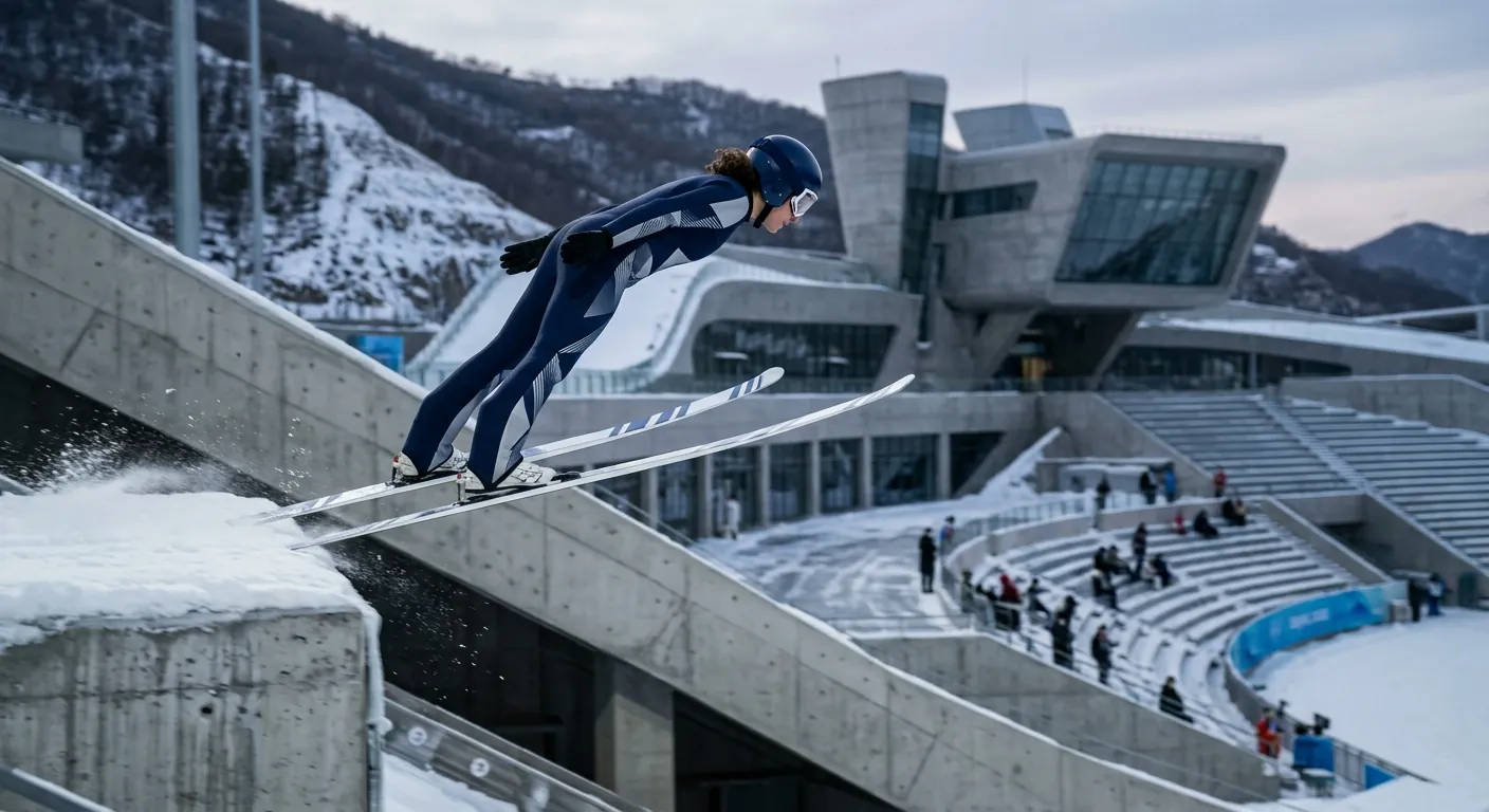 A ski jumper in flight above the hill.